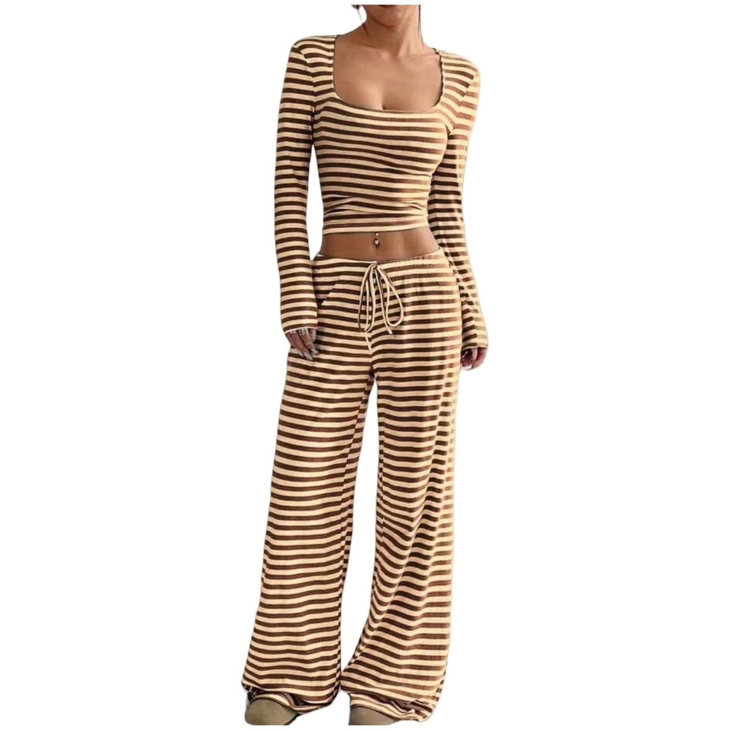 Striped Polyester T-Shirt & High-Waist Wide Leg Pants Set