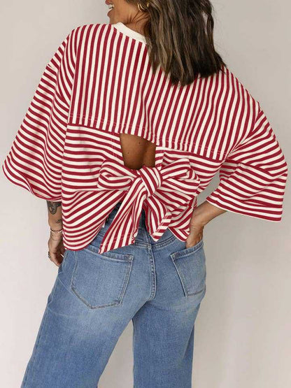 Blue Striped Knit Back Bow Open Back Top Women