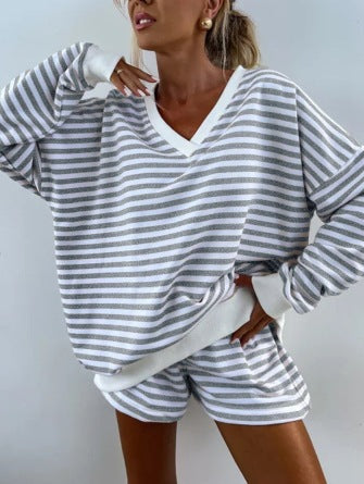 Striped V Neck Shorts Set Resort Lounge Two Piece