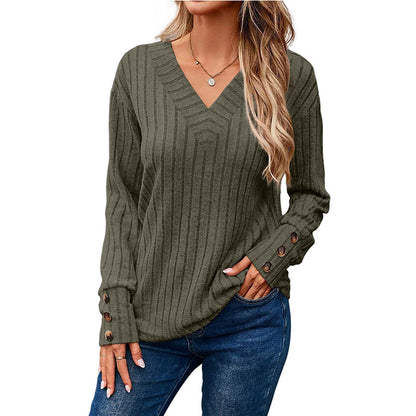 Women's V Neck Ribbed Long Sleeve Button Cuff Top
