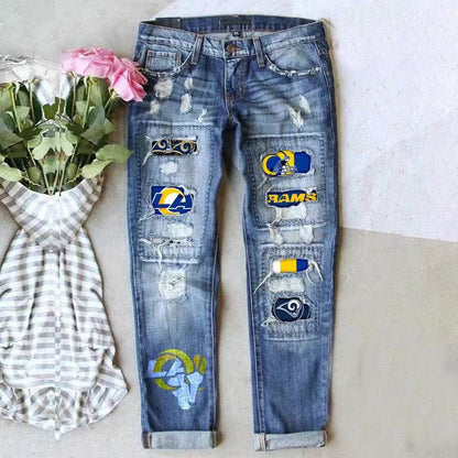 Game Day Ripped Straight Leg Jeans with Sporty Patchwork Design