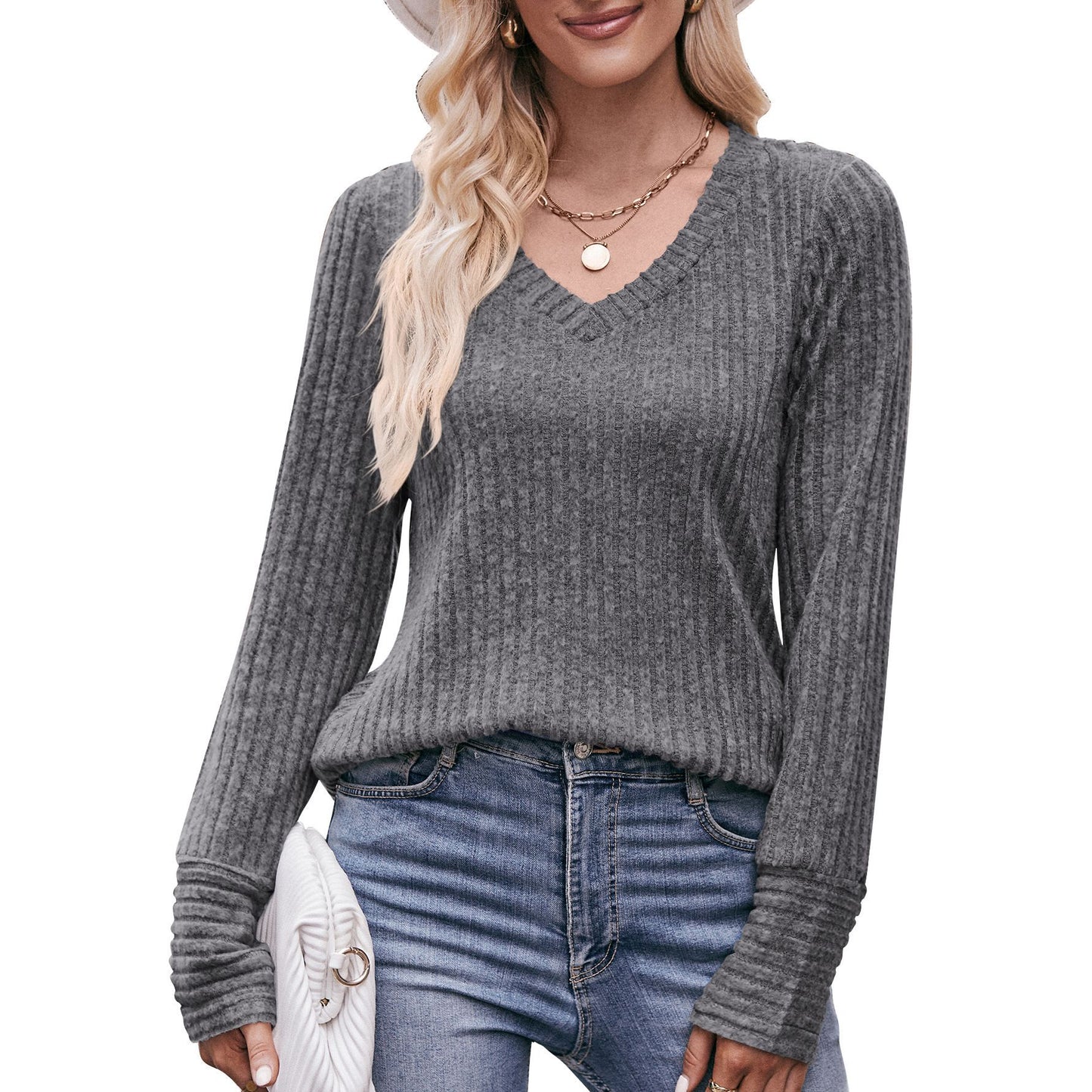 Solid Ribbed V-Neck Long Sleeve Knit Top for Women