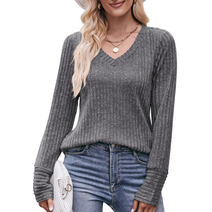 Solid Ribbed V-Neck Long Sleeve Knit Top for Women
