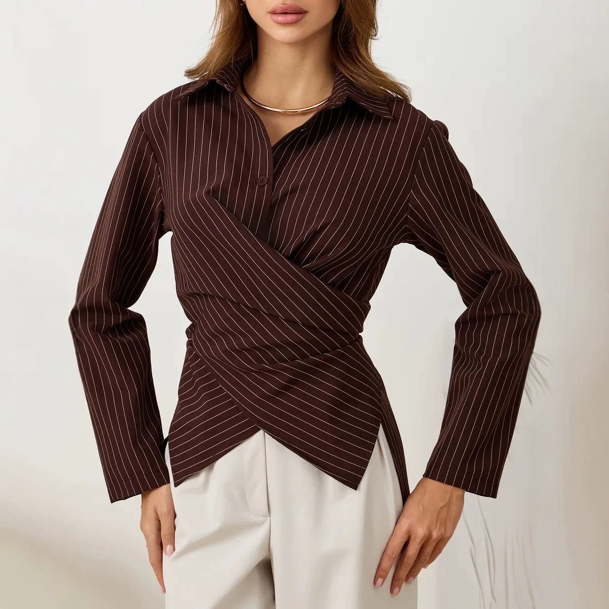Women's Striped Wrap Blouse Long Sleeve Collared Top