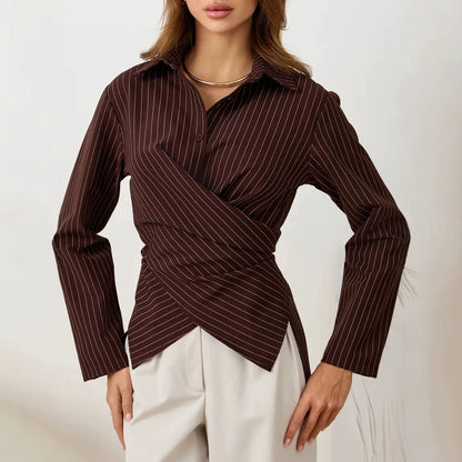 Women's Striped Wrap Blouse Long Sleeve Collared Top