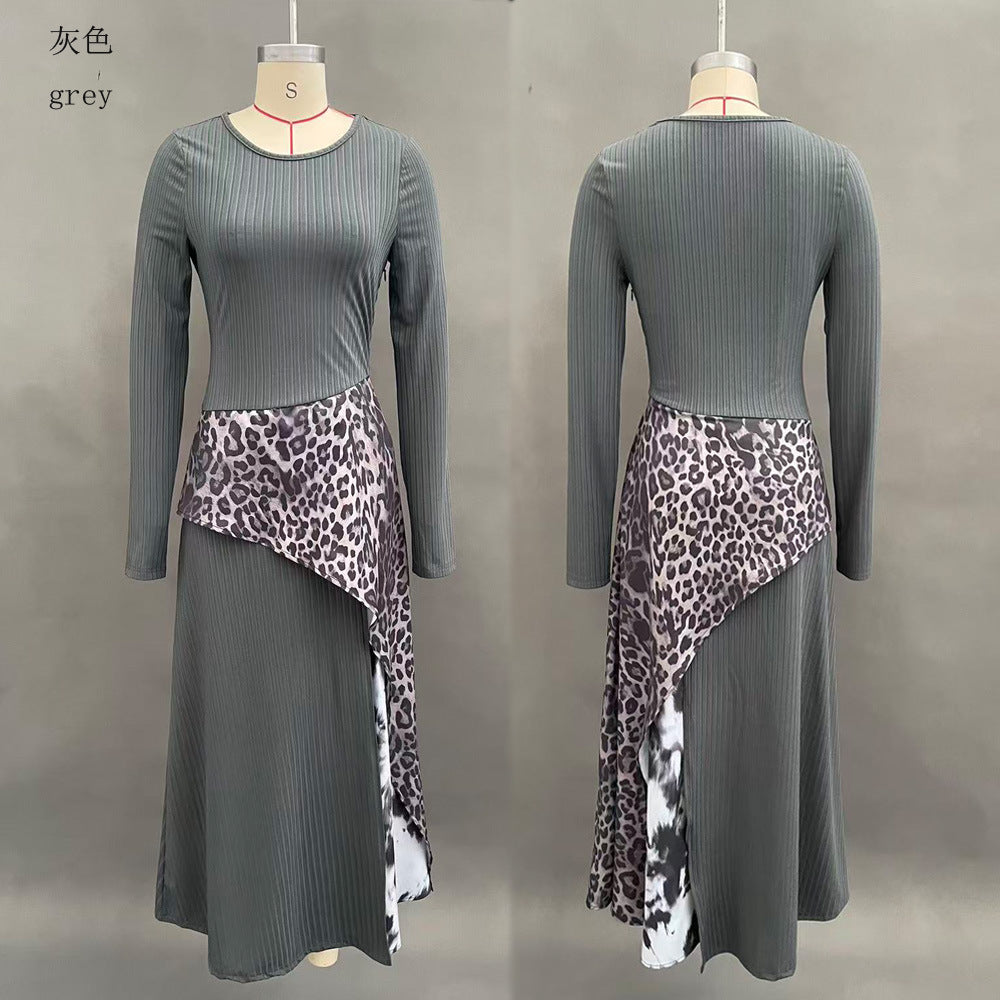 Leopard Print Maxi Dress Long Sleeve Asymmetrical Flowy
