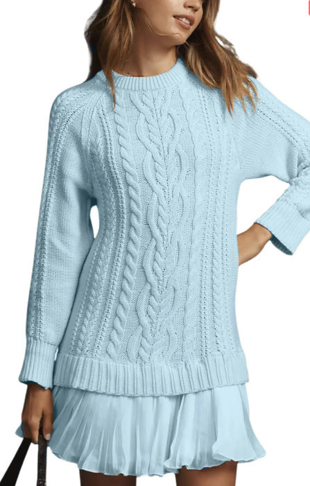 Cable Knit Pleated Mini Sweater Dress