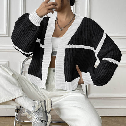 Color Block Cardigan Sweater with Loose Fit for Fall