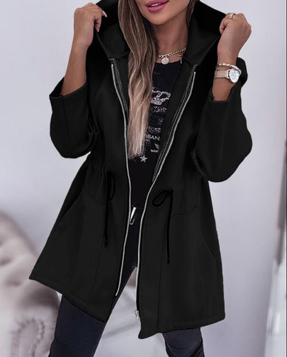 Women's Hooded Drawstring Waist Zip Up Mid Length Jacket