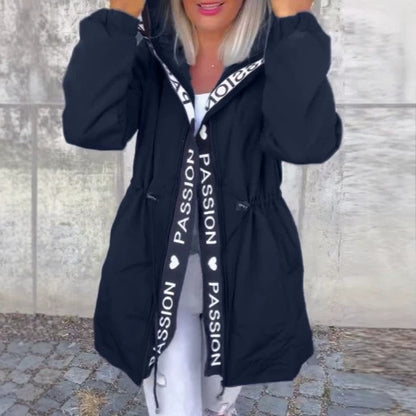 Women Hooded Long Puffer Jacket Letter Tape Drawstring Coat