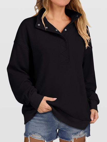 Women's Waffle Knit Oversized Button Pullover Sweatshirt