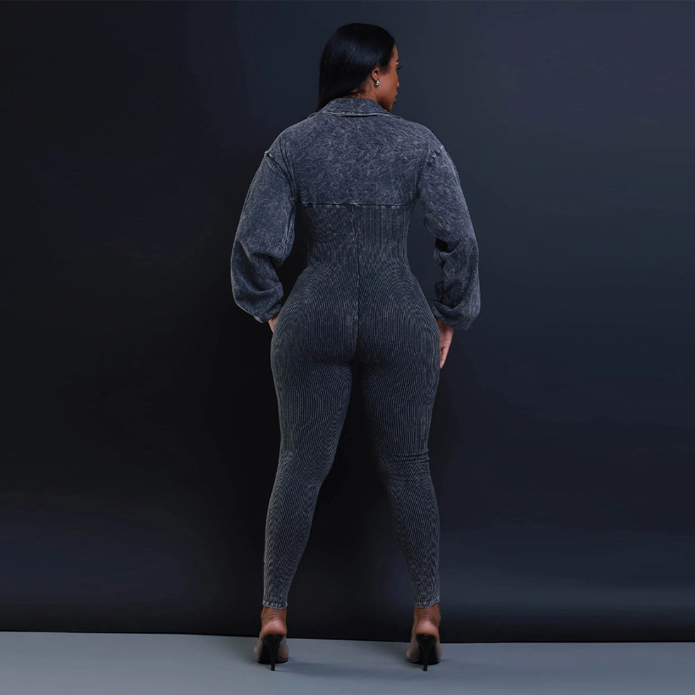 Sexy Ribbed Long Sleeve Zip Up Bodycon Jumpsuit