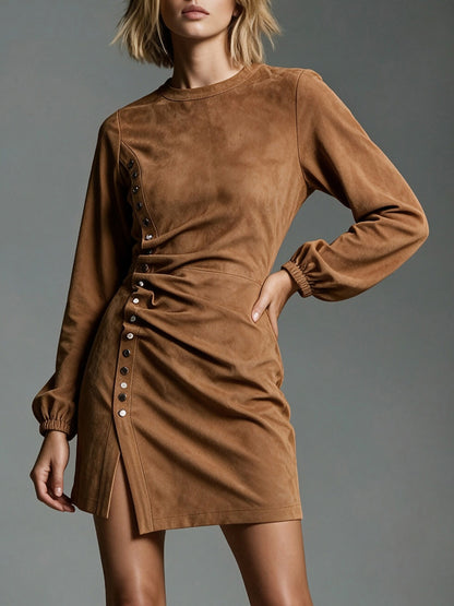 Women's Faux Suede Ruched Long Sleeve Bodycon Dress