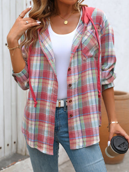 Plaid hooded button down shirt oversized fit