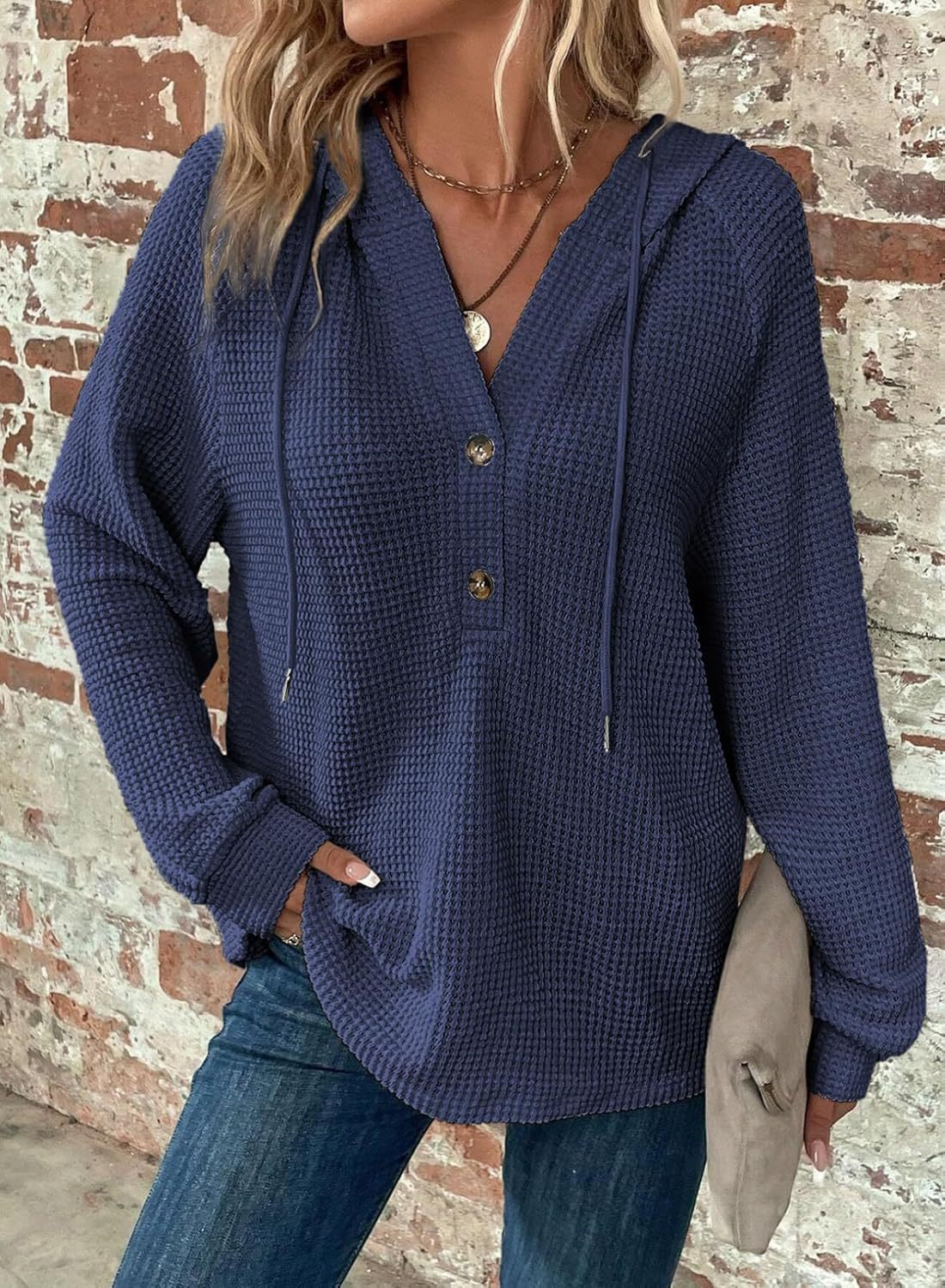 Women's Oversized Waffle Knit Hoodie V Neck Button Pullover
