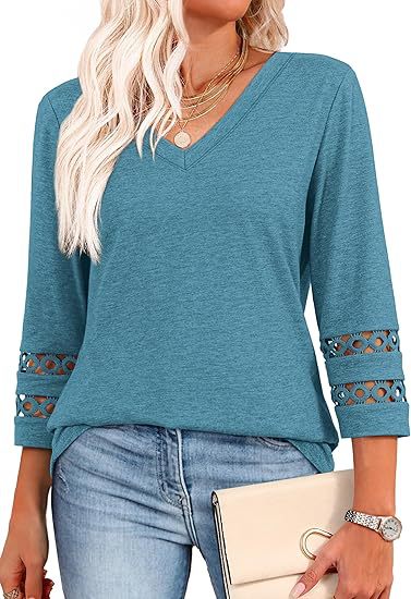 White V-Neck Lace Sleeve Casual Knit Top for Women