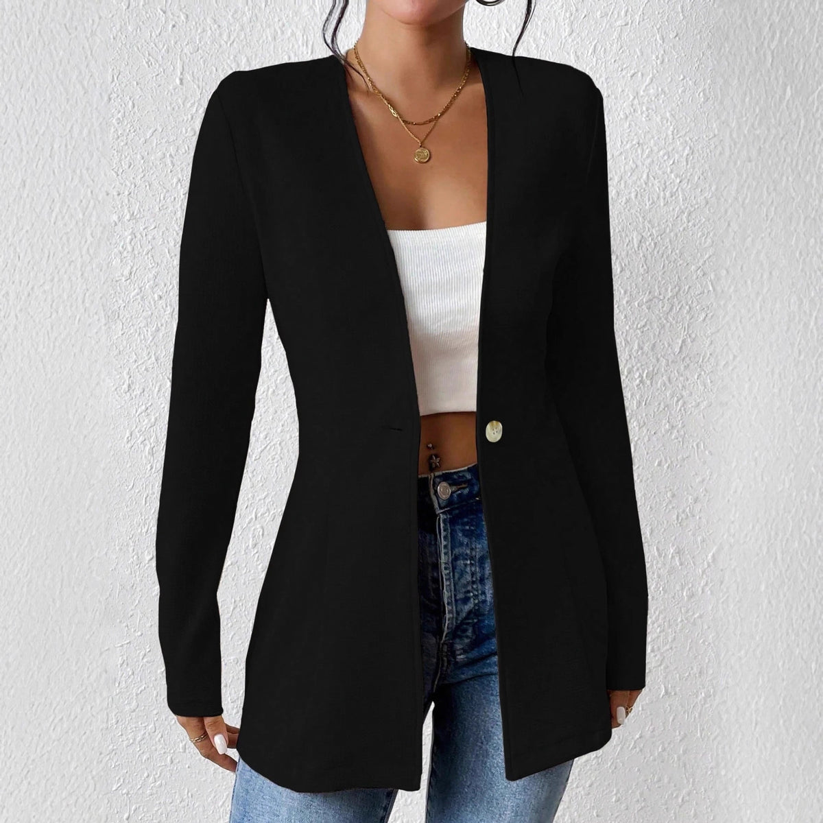 Womens Casual Blazer V Neck One Button Long Sleeve Jacket