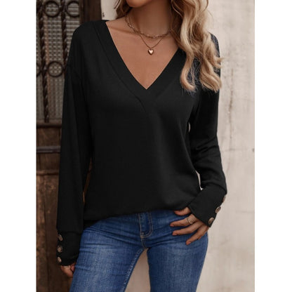 V Neck Button Cuff Long Sleeve Blouse Women Casual Top