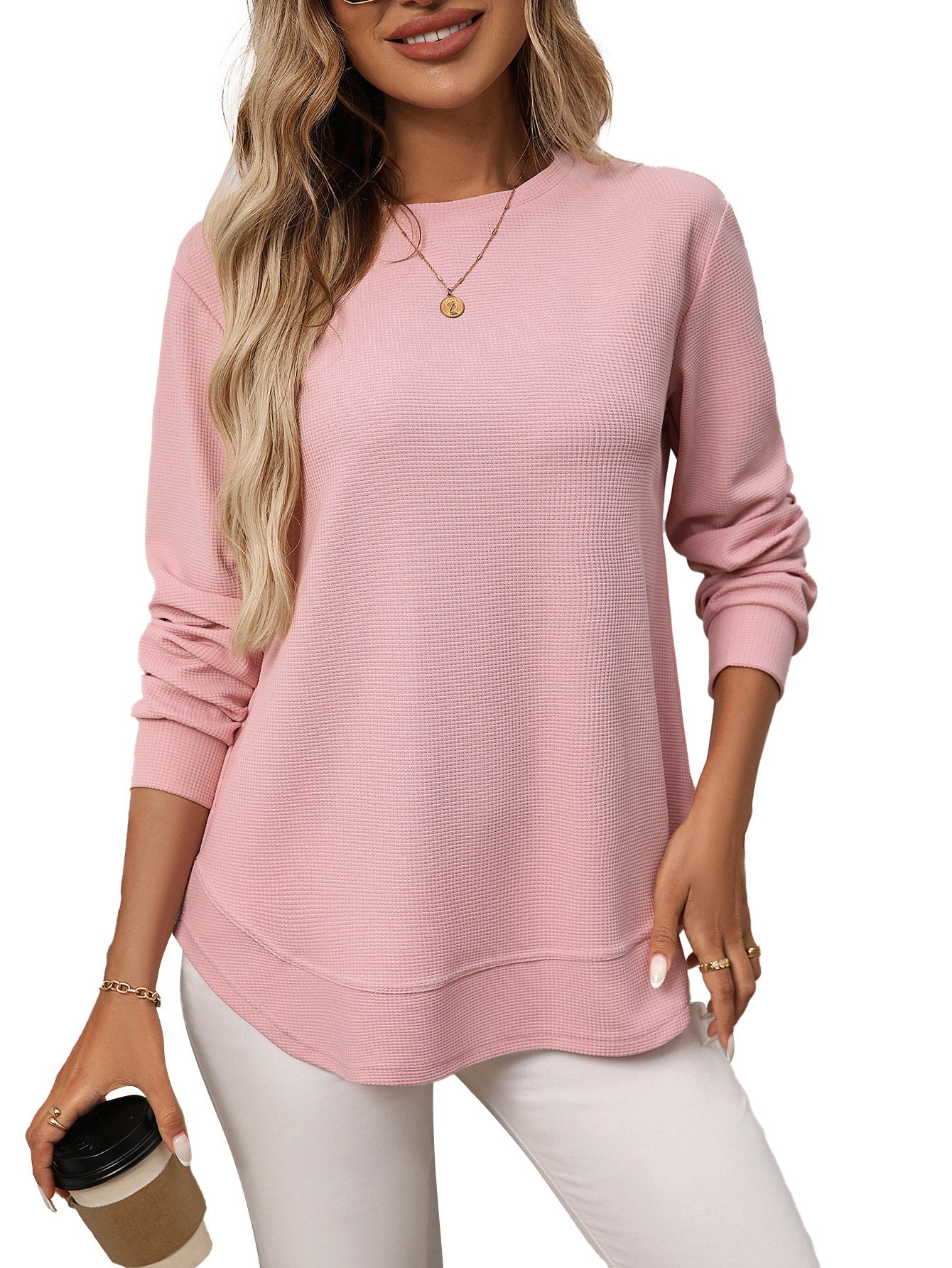 Solid waffle knit tunic top layered curved hem