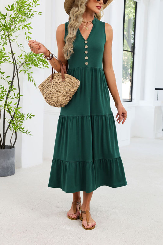 Sleeveless V-Neck Button Down Tiered Midi Dress Casual Summer