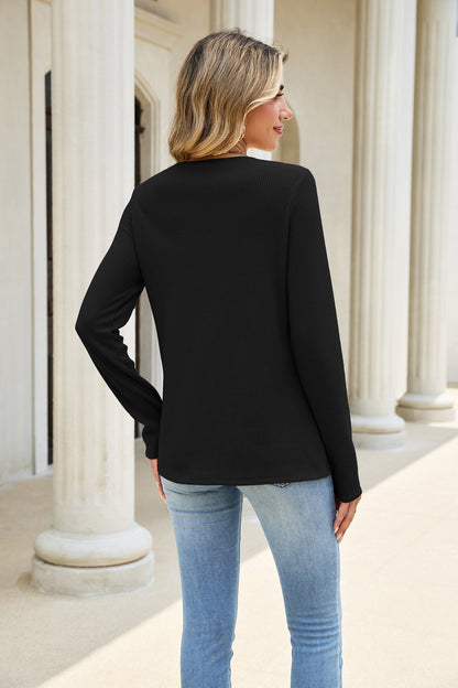 Solid Lace Yoke Knit Top Crewneck Long Sleeve Tee