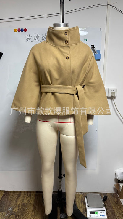 Women's Belted Cape Coat Mock Neck Batwing Jacket
