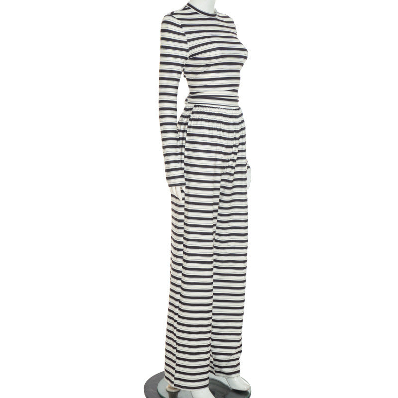 Women's Striped 2 Piece Crop Top Pants Lounge Set