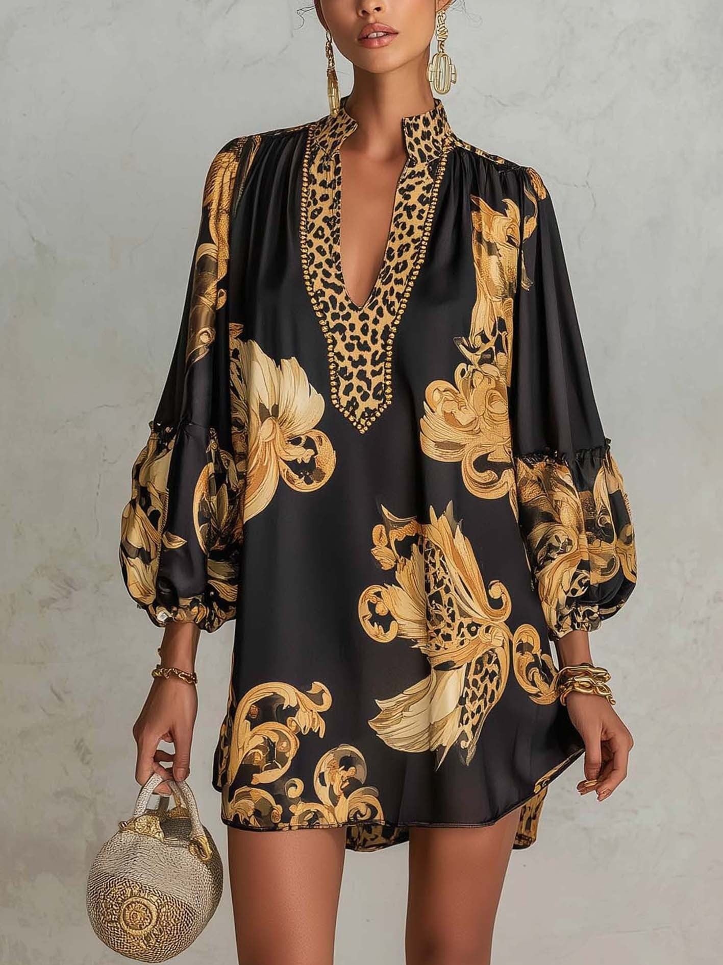 Leopard Floral Satin Mini Dress V-Neck Puff Sleeve
