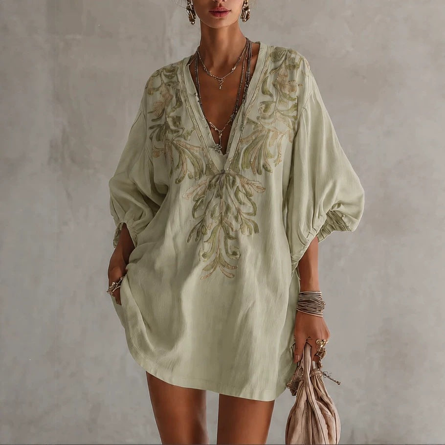 Women's Boho Deep V-Neck Floral Mini Dress with Pockets