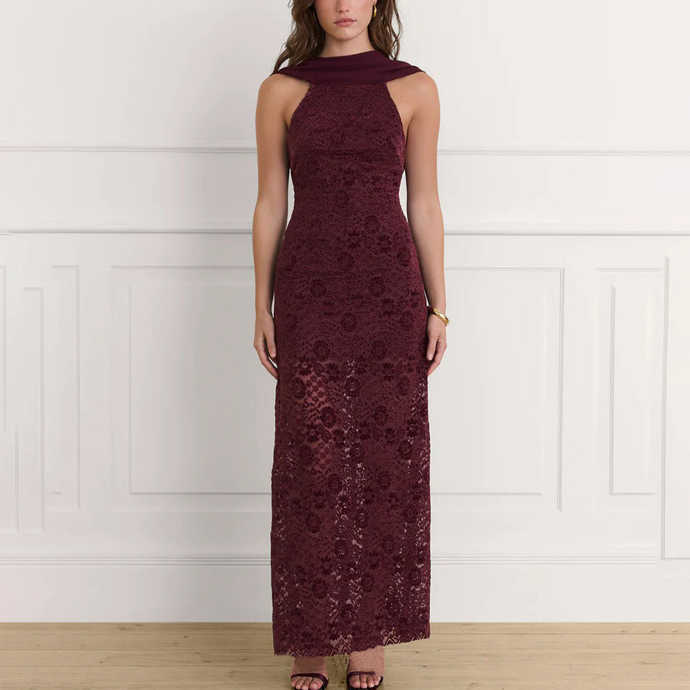 Burgundy Lace Halter Maxi Dress Bodycon
