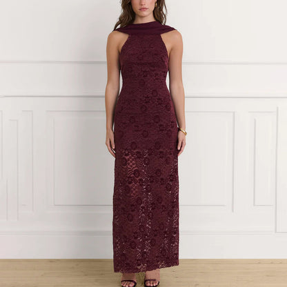 Burgundy Lace Halter Maxi Dress Bodycon