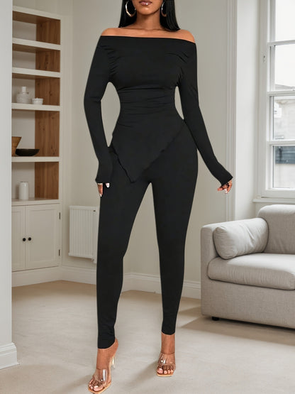 Women's Off Shoulder Long Sleeve Top & Pants Two Piece Set