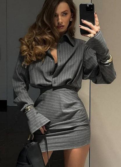 Women Striped Shirt Mini Skirt Two Piece Matching Set