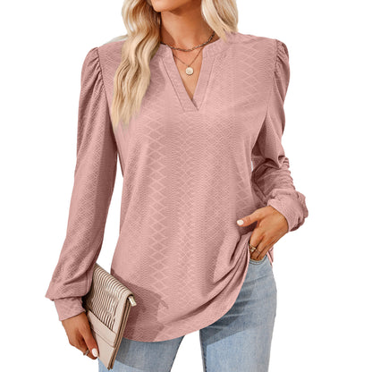 Women's V Neck Puff Sleeve Textured Tunic Top Long Sleeve
