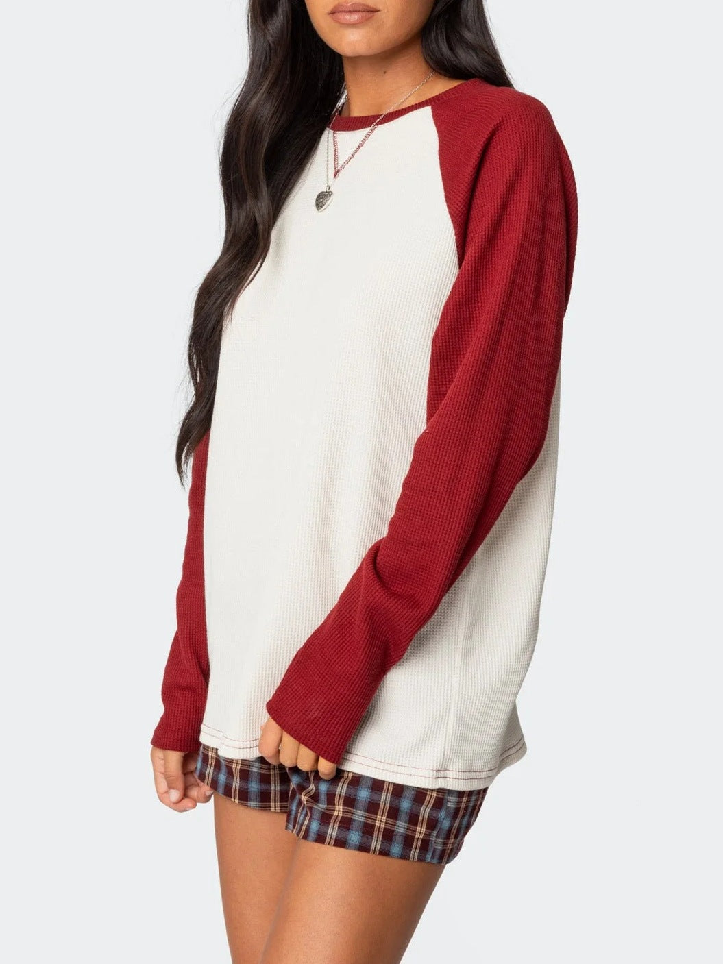 Color Block Waffle Knit Top Crew Neck Long Sleeve Tee