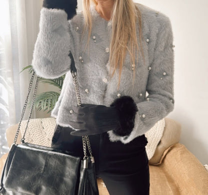 Women's Fuzzy Pearl Embellished Cropped Cardigan Sweater