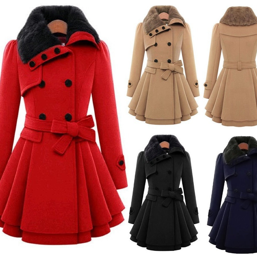 Plus Size Double Breasted Belted Wool Coat Faux Fur Collar