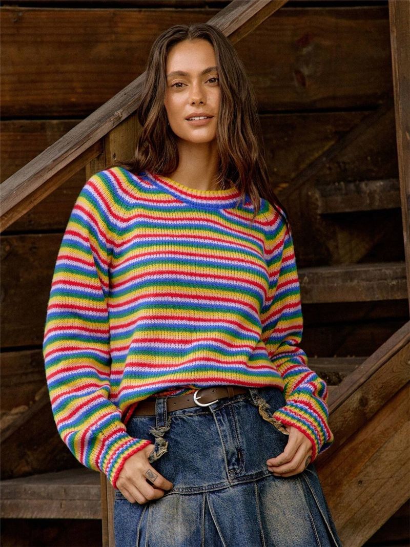 Women's Rainbow Striped Oversized Crewneck Sweater