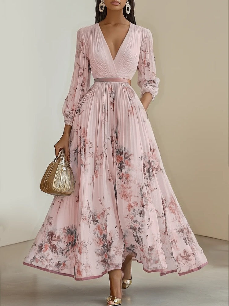 Floral Pleated V-Neck Long Sleeve Maxi Dress