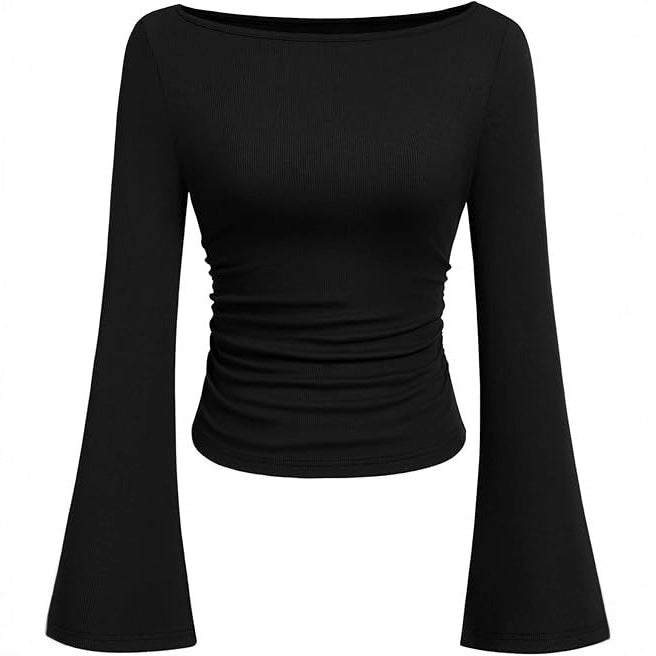 Women's Ruched Boat Neck Bell Sleeve Ribbed Top
