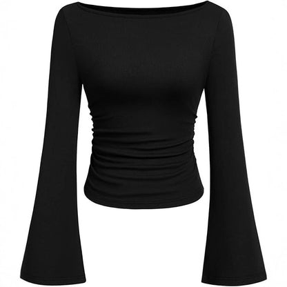Women's Ruched Boat Neck Bell Sleeve Ribbed Top