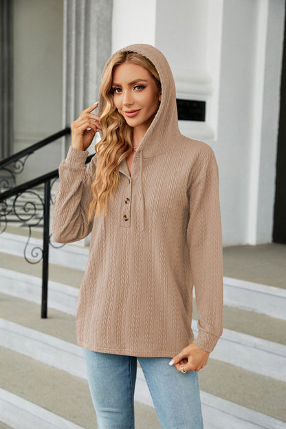 Women's Oversized V-Neck Button Hoodie Long Sleeve Top