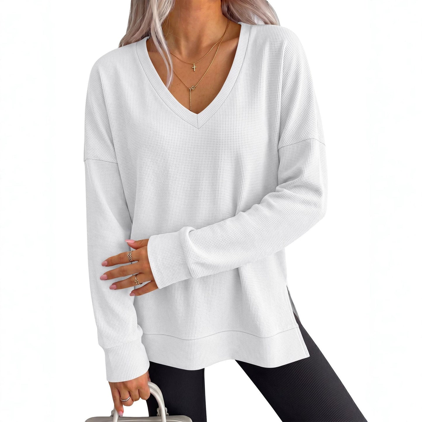 Waffle Knit Top V Neck Side Slit Relaxed Fit