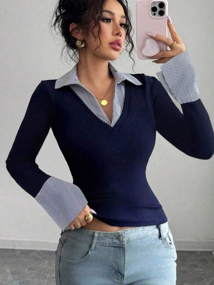 Faux Layered Collared Knit Top V Neck Long Sleeve Tee