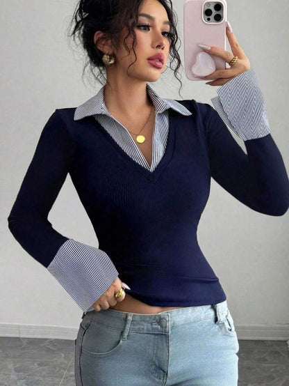 Faux Layered Collared Knit Top V Neck Long Sleeve Tee