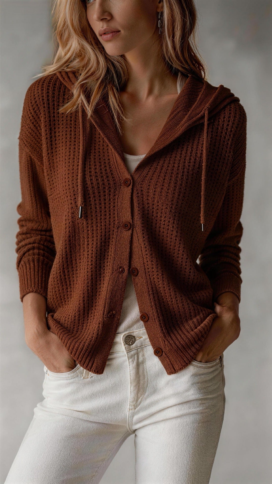 Women's Oversized Hooded Knit Cardigan Button Front