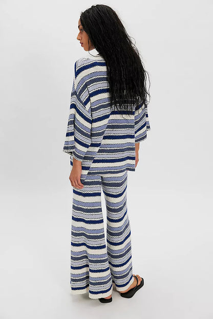 Boho Striped Knit Two Piece Set Wide Leg Pants