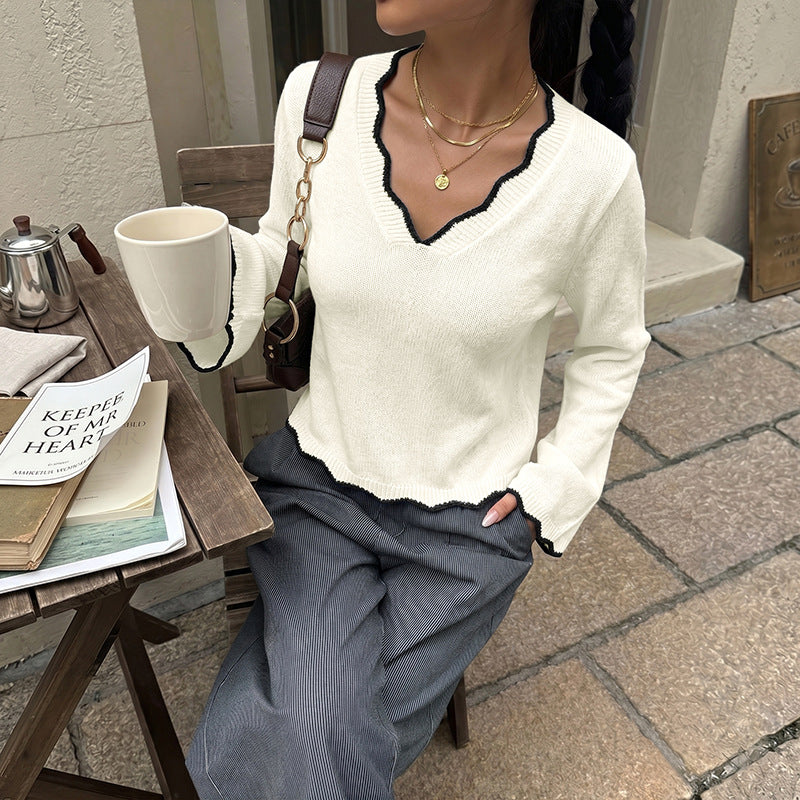 Contrast Scallop V Neck Knit Cropped Sweater