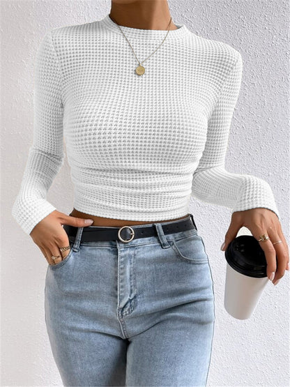 Women's Ruched Waffle Knit Long Sleeve Crop Top