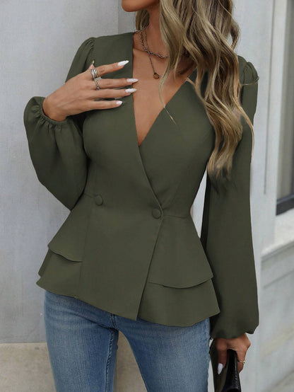 French Peplum Blouse Women V Neck Lantern Sleeve Top